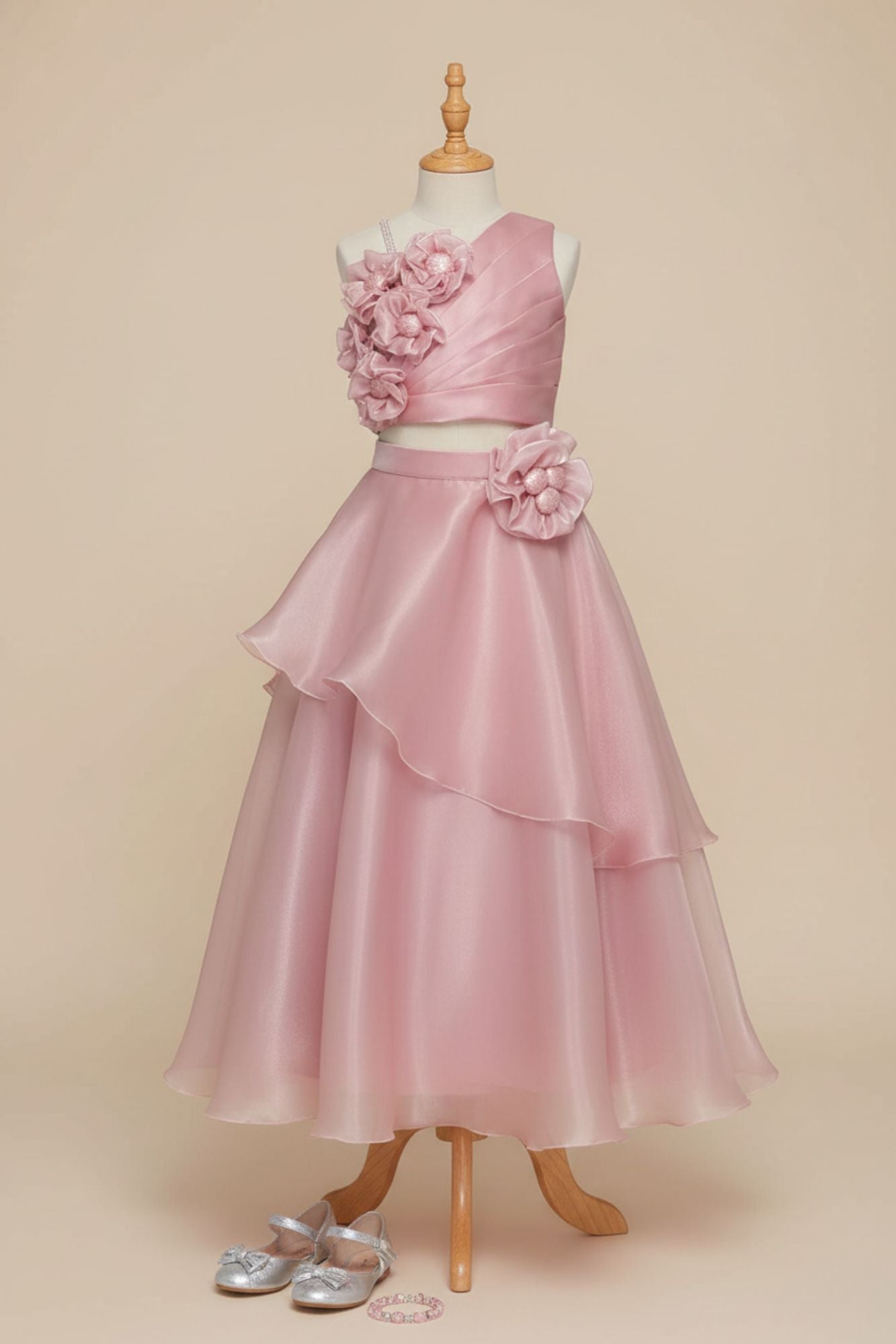 Blush Pink Organza Lehenga Choli And Dupatta For Girls