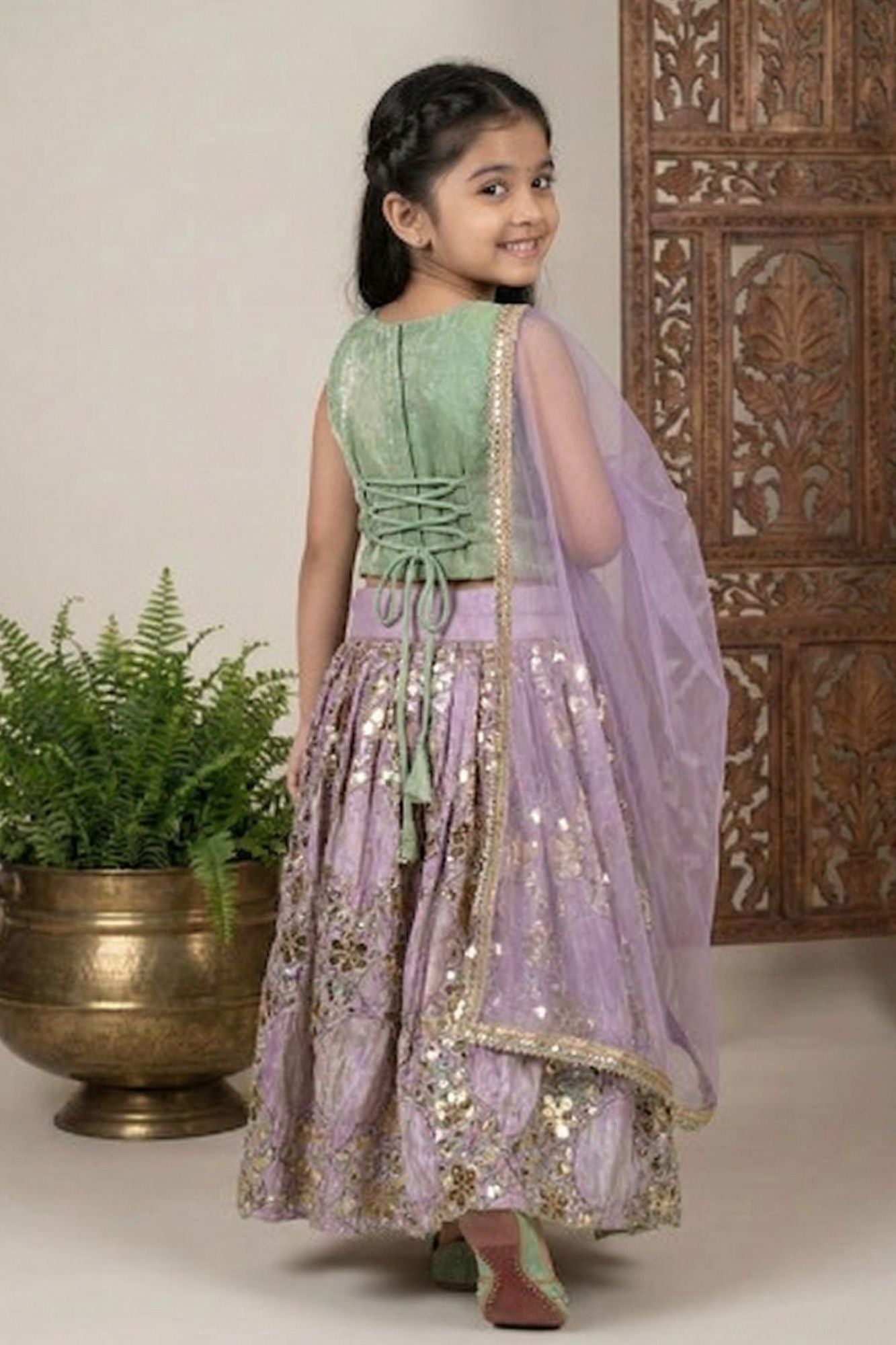 Sage Green Floral Embroidered Lehenga Choli For Girls