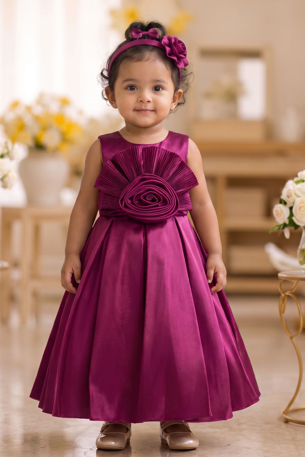 Wine Gown Embellished With Floral For Girls