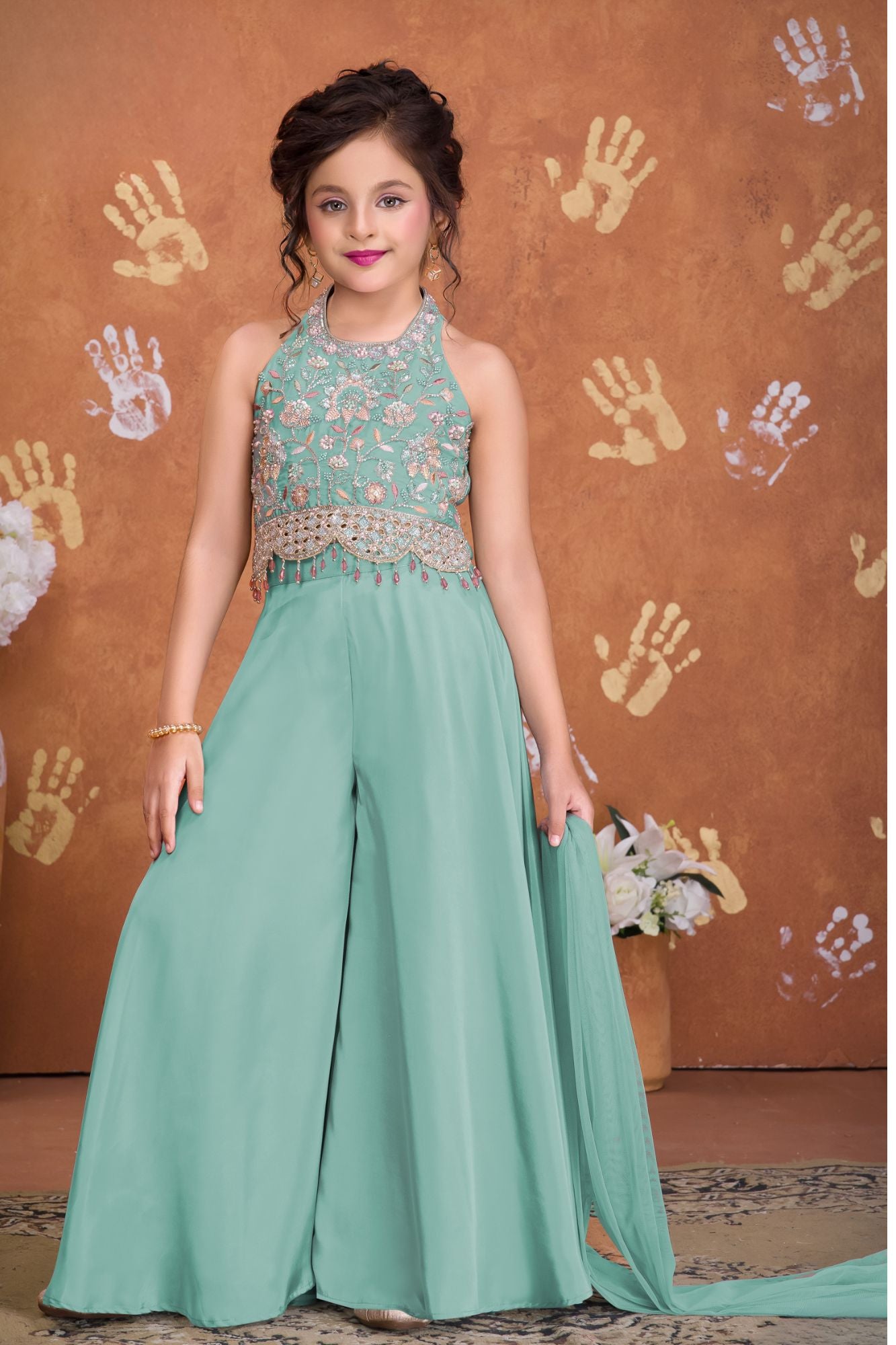 Girls Sea Green Embroidered Palazzo Set With Halter Neck And Dupatta