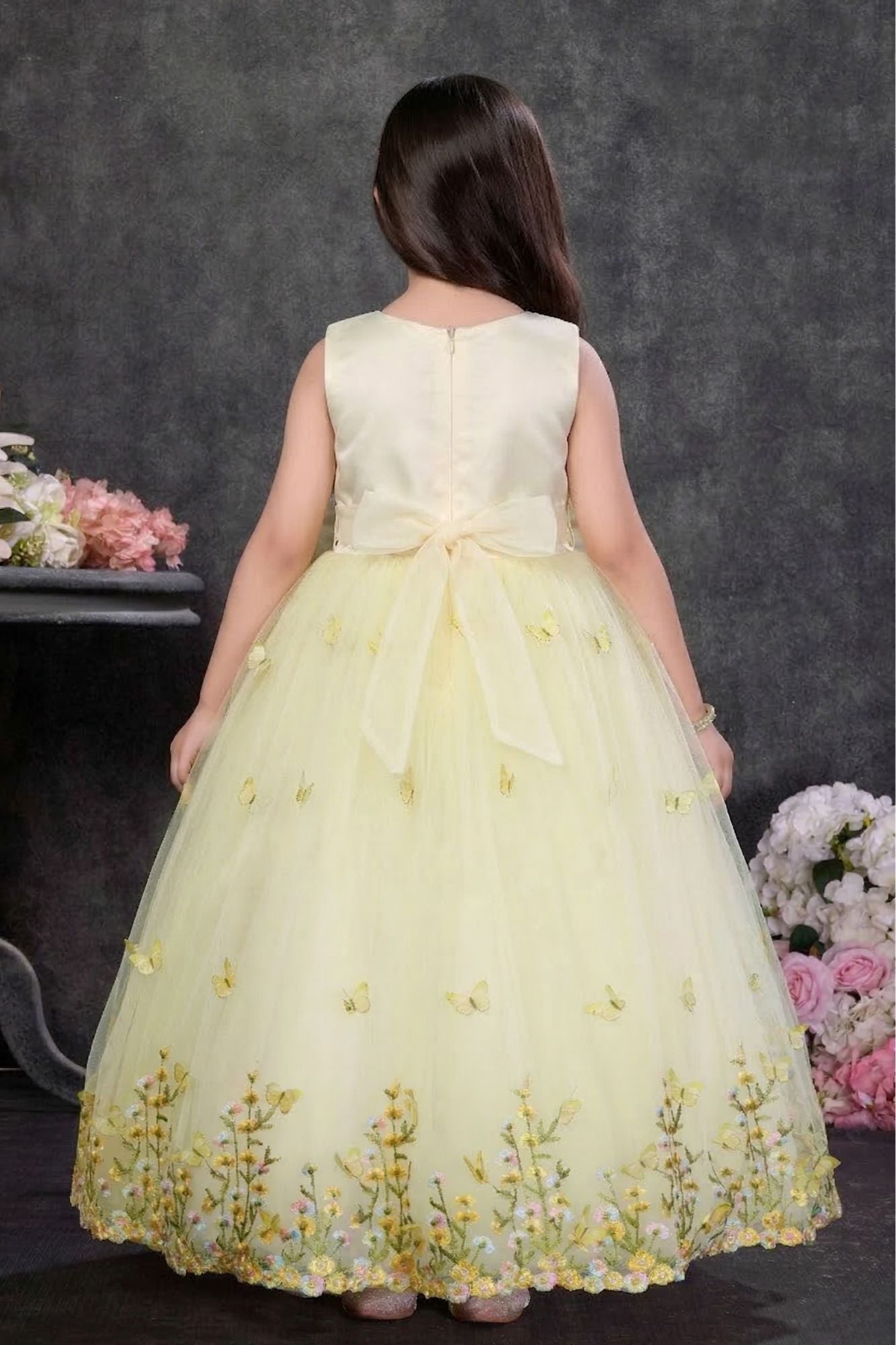 Yellow Butterfly Embroidered Party Wear Gown For Girls