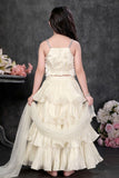 Ivory Sequin Crop Top Lehenga Set with Layered Ruffle Skirt And Dupatta For Girls