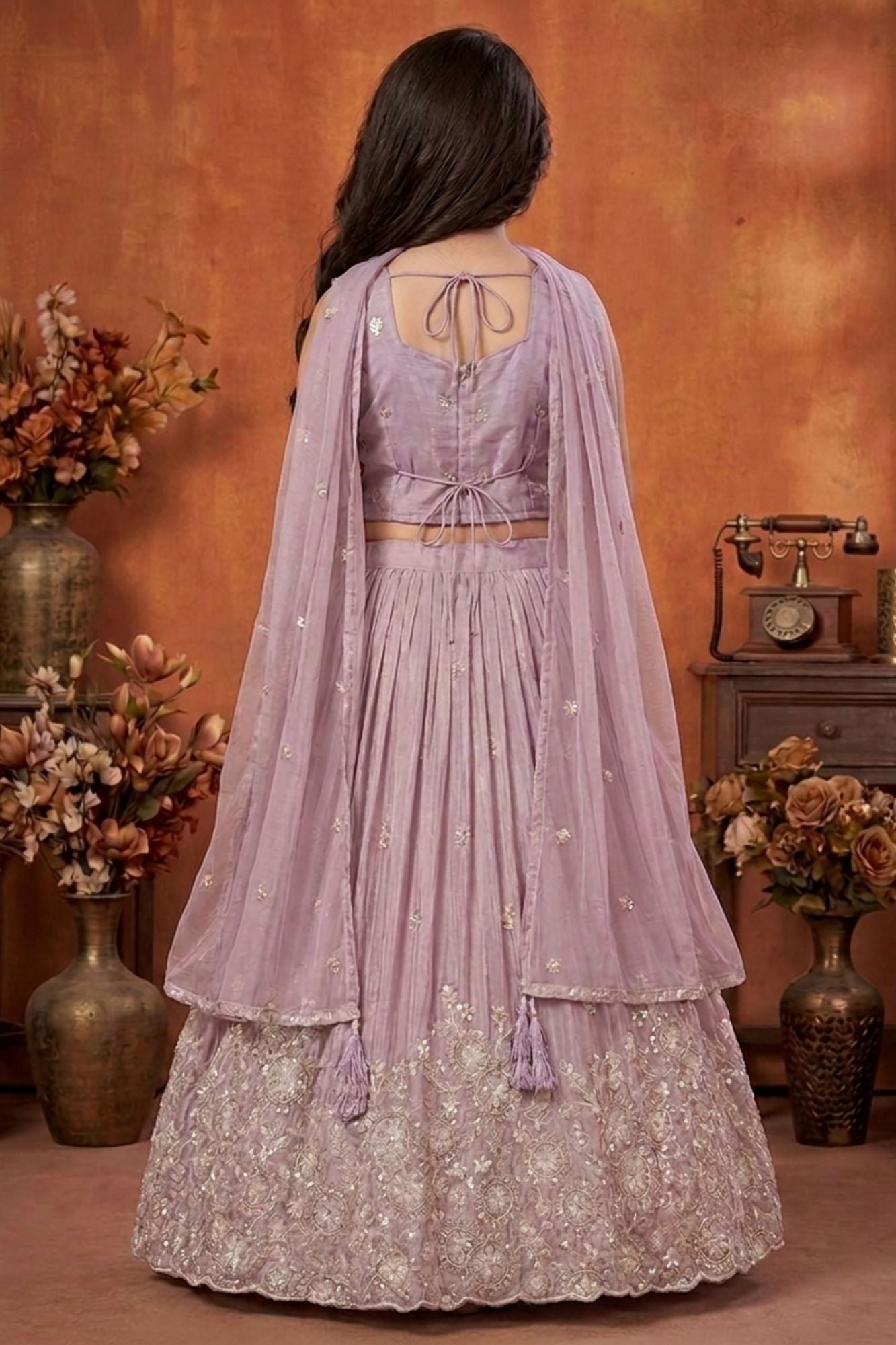 Lavender Embroidered Lehenga Choli Set For Girls With Dupatta