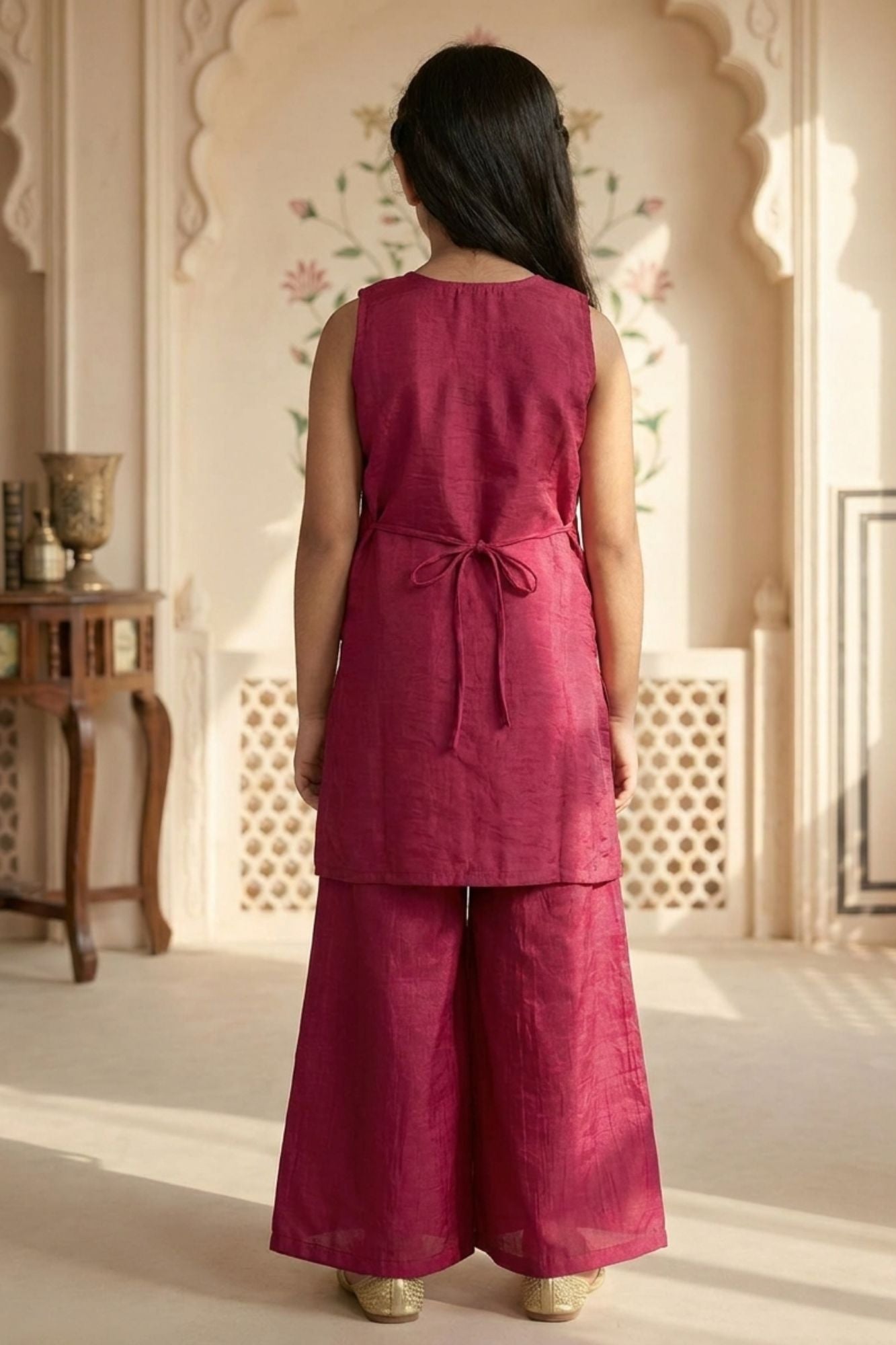 Red Embroidered Palazzo Set For Girls With Zari Detailing