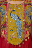Red Embroidered Palazzo Set With Peacock Motif For Girls