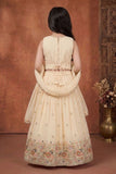 Girls Cream Embroidered Lehenga Choli Set with Dupatta