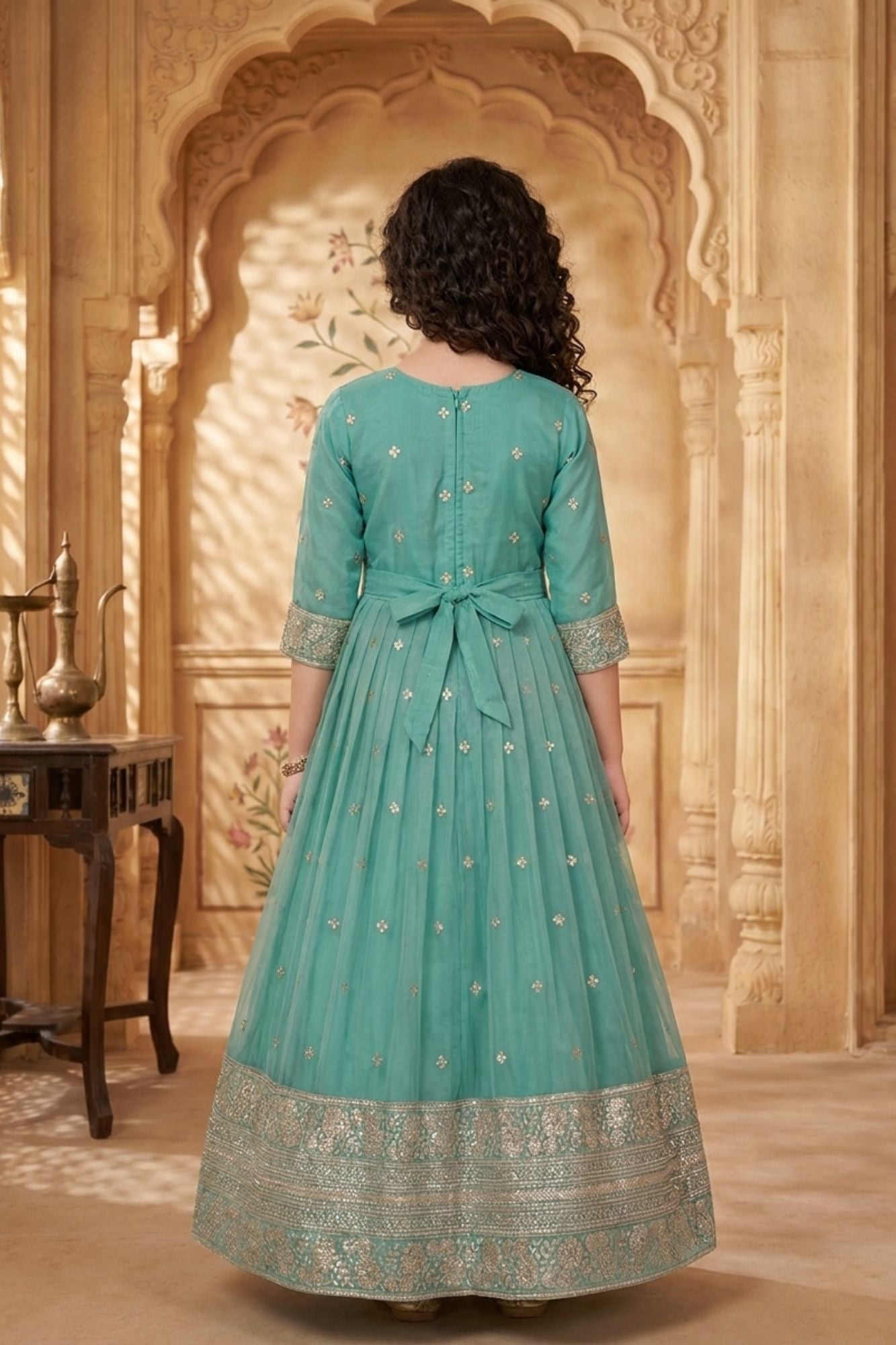 Teal Green Embroidered Long Ethnic Gown with Dupatta For Girls