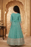 Teal Green Embroidered Long Ethnic Gown with Dupatta For Girls
