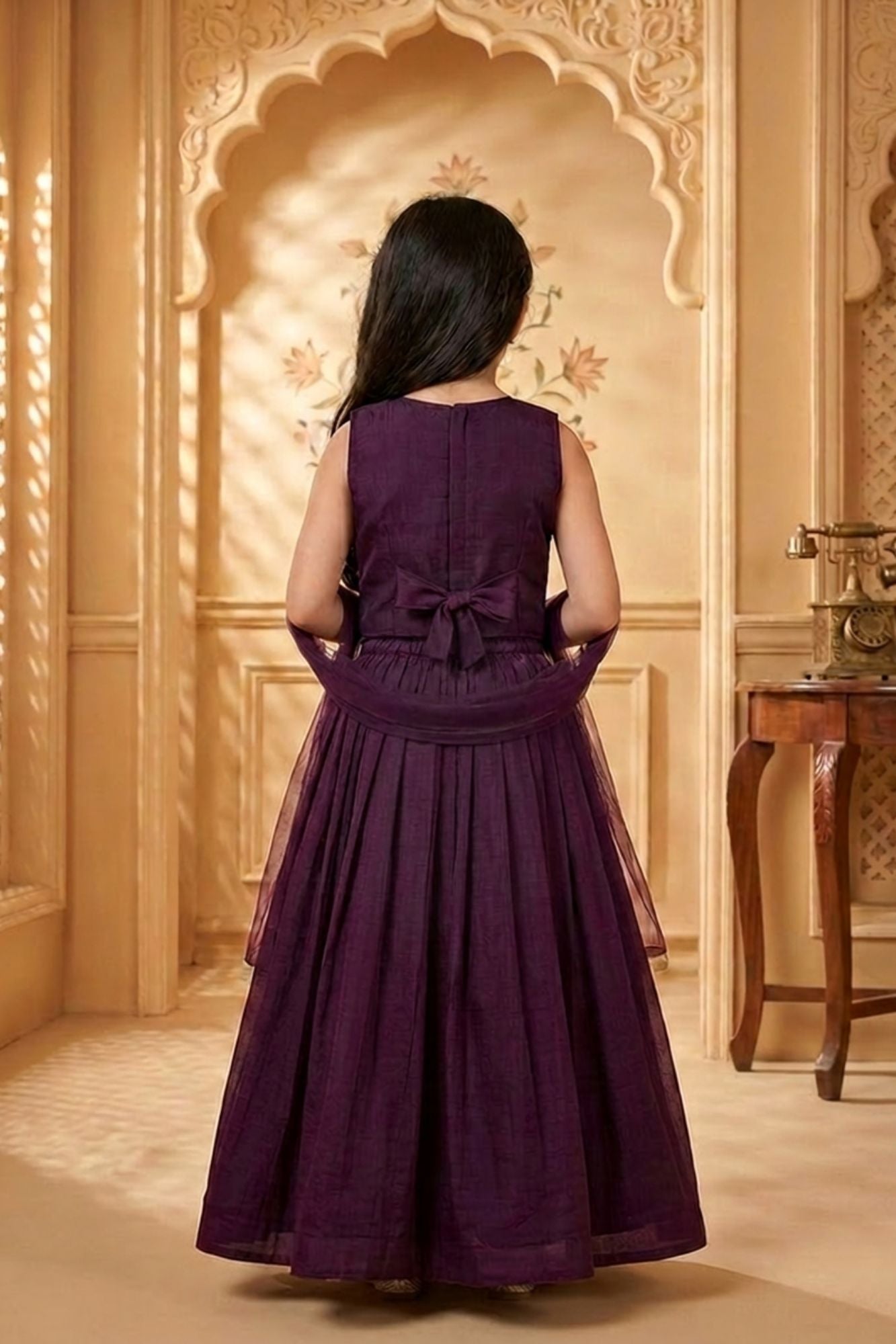 Girls Wine Embroidered Lehenga Choli with Dupatta