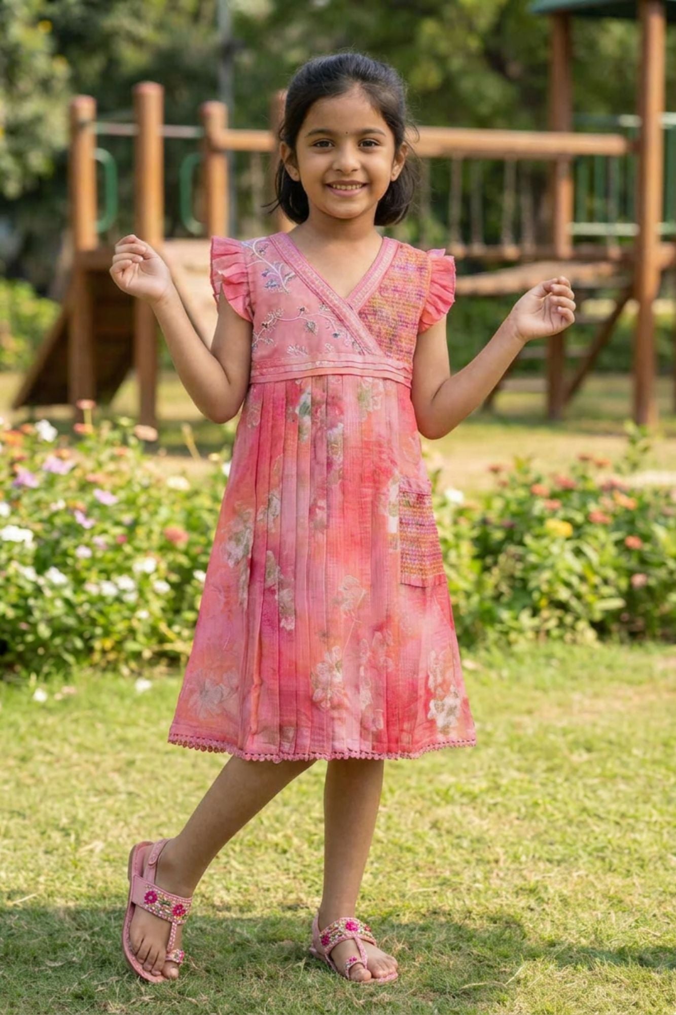 Pink Floral Pleated Frock For Girls