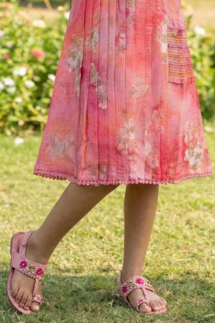 Pink Floral Pleated Frock For Girls