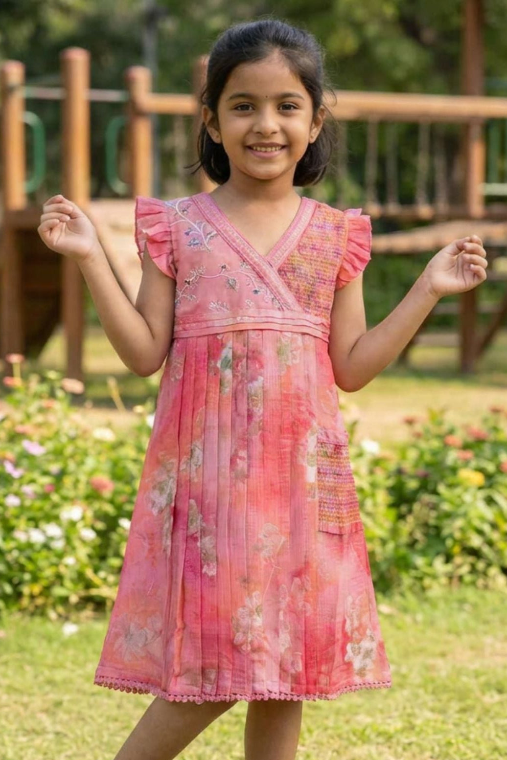 Pink Floral Pleated Frock For Girls