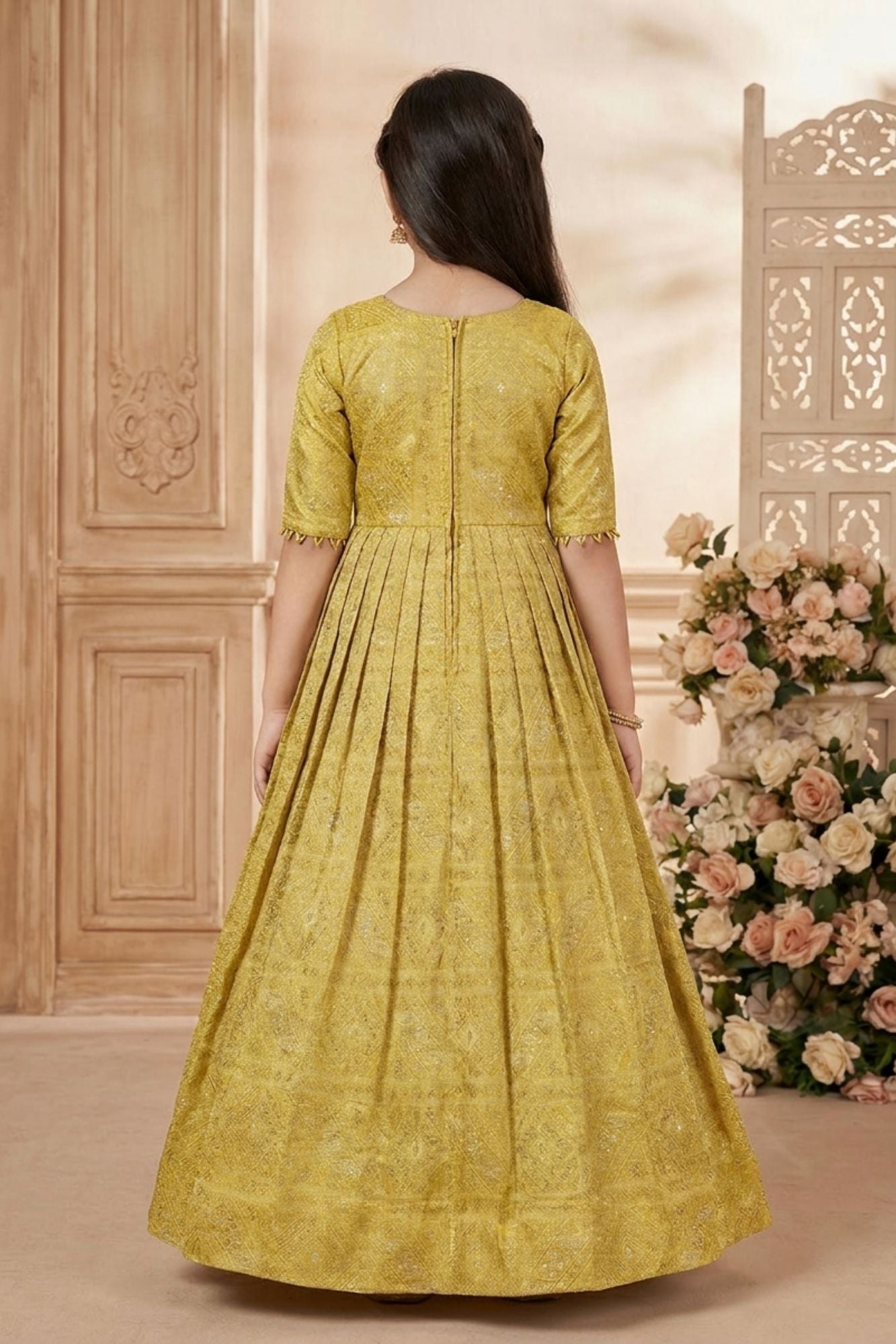 Mustard Yellow Ethnic Gown with Embroidered Neckline For Girls