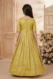 Mustard Yellow Ethnic Gown with Embroidered Neckline For Girls