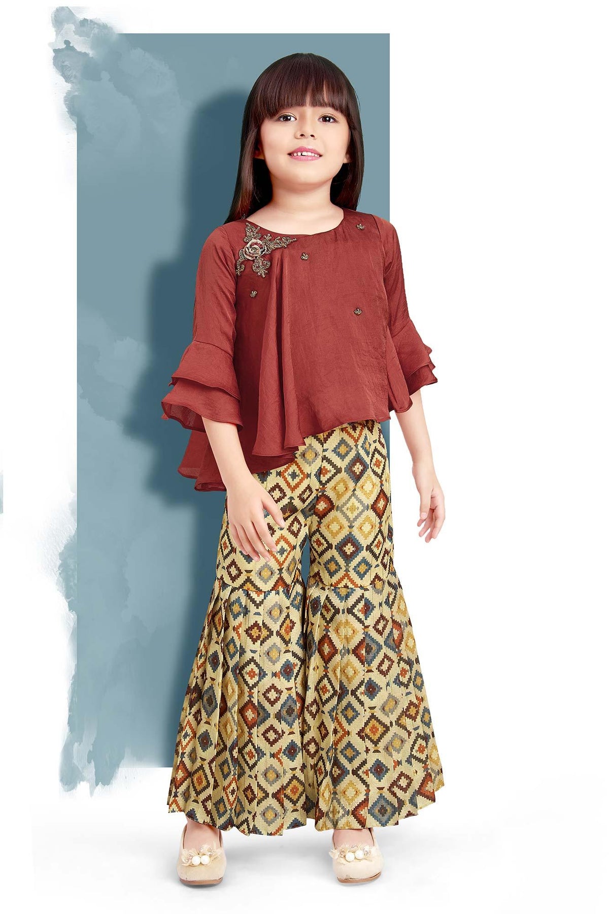 Kids' Geo Printed Pant and Burgundy Top Set – Lagorii Kids