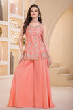 Coral Peach Embroidered Georgette Palazzo Set For Girls