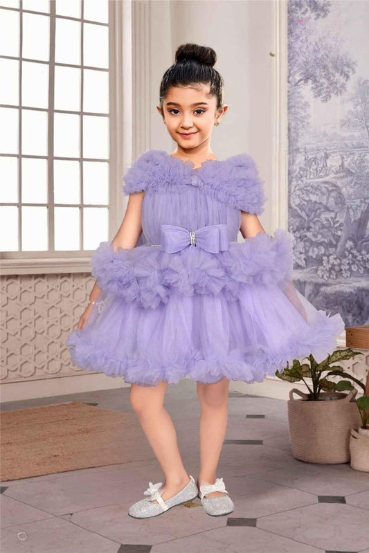 Lavender Net Frock With Ruffled Sleeves For Girls - Lagorii Kids