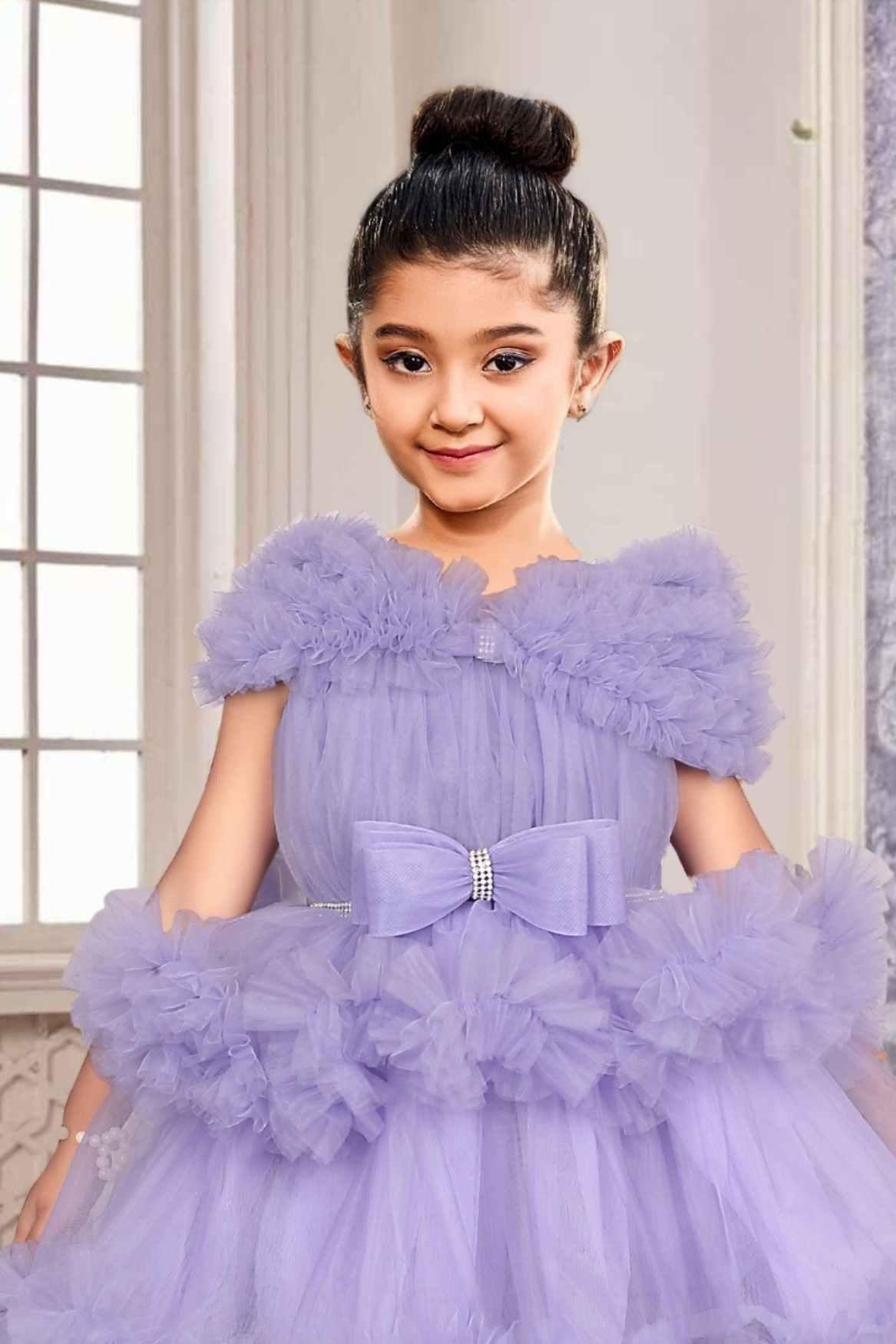 Lavender Net Frock With Ruffled Sleeves For Girls - Lagorii Kids