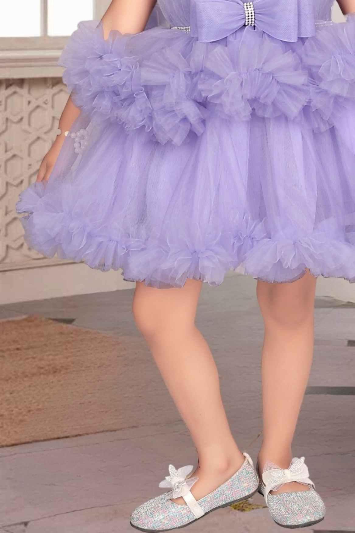 Lavender Net Frock With Ruffled Sleeves For Girls - Lagorii Kids