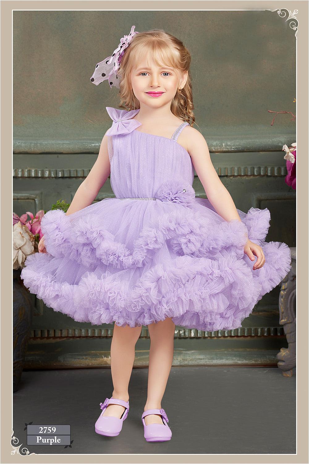 Lavender one side shoulder ruffle frock for Girls (with attachable tailback) - Lagorii Kids