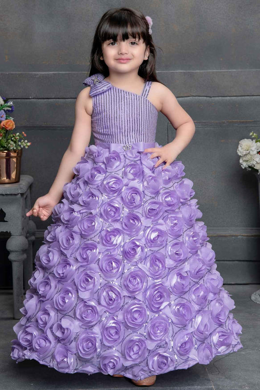 Lavender Sequin Designer Party Gown With Flower Embellishments For Girls - Lagorii Kids