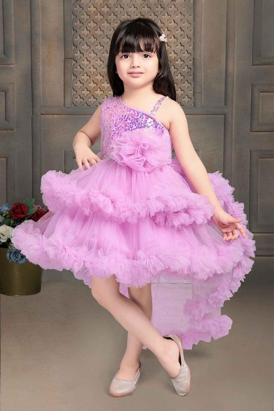 Lavender Shimmer Tailback Party Wear Frock With Ruffle Layers For Girls - Lagorii Kids
