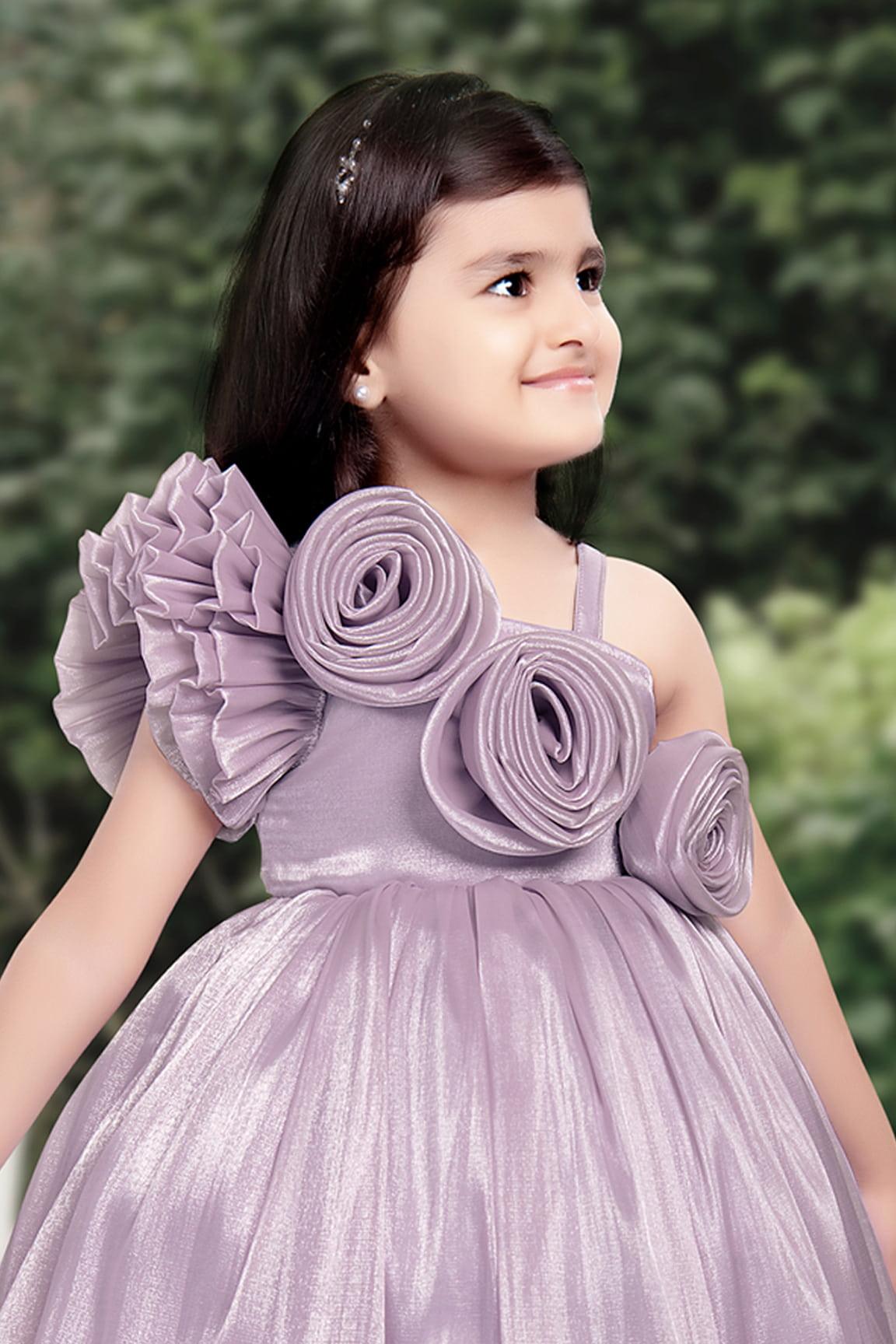 Lavender Tulle Party Wear Frock With Flower Embellishments For Girls - Lagorii Kids