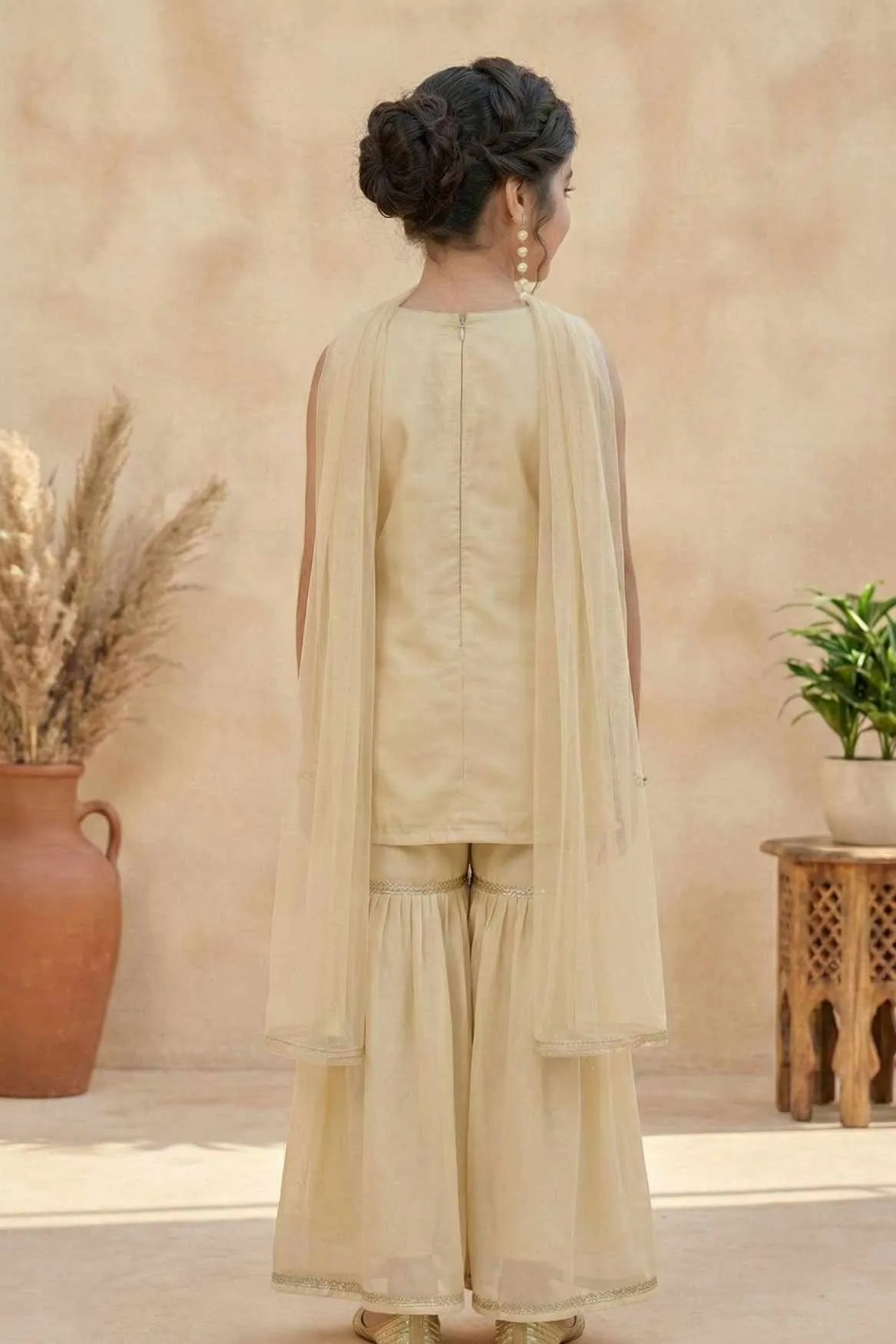 Cream Peacock Embroidered Sharara Set with Dupatta For Girls