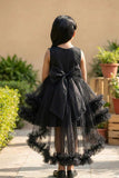 Black Party Frock with Floral Bodice and Ruffled Hemline And Tailback For Girls