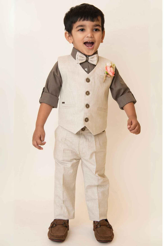 Light Brown Shirt And Cream Striped Waistcoat With Pant And Bow Set For Boys - Lagorii Kids