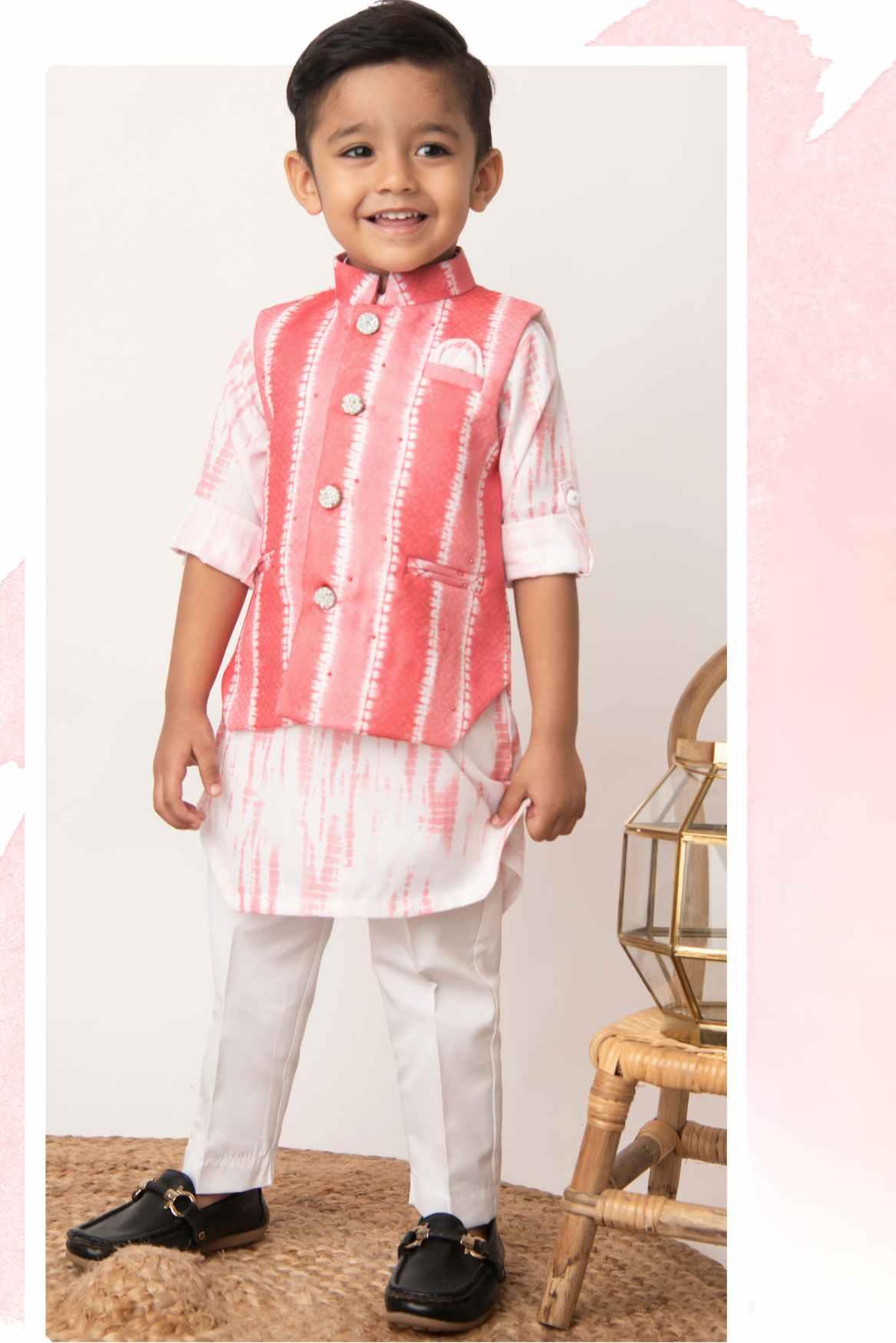 Little Collar's Pink Tie And Dye Kurta Set With Bandi For Boys - Lagorii Kids