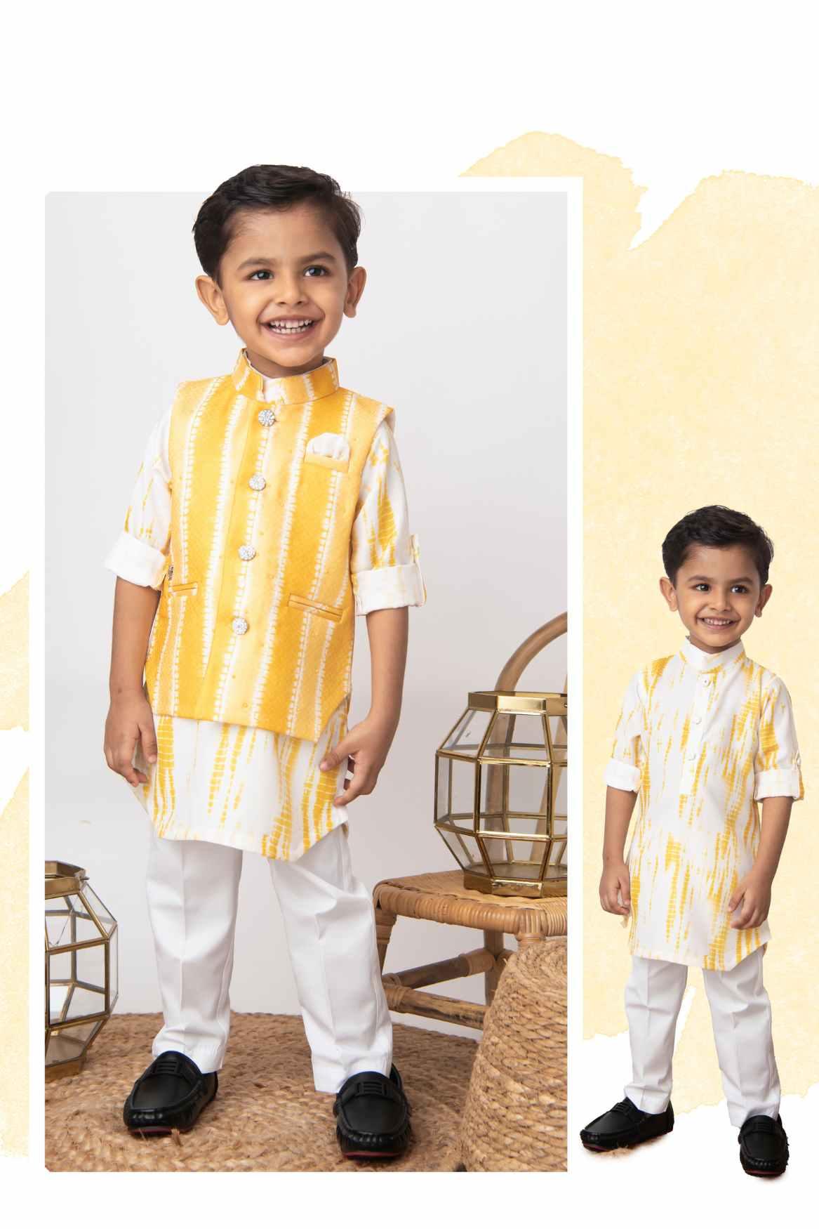 Little Collar's Yellow Tie And Dye Kurta Set With Bandi For Boys - Lagorii Kids