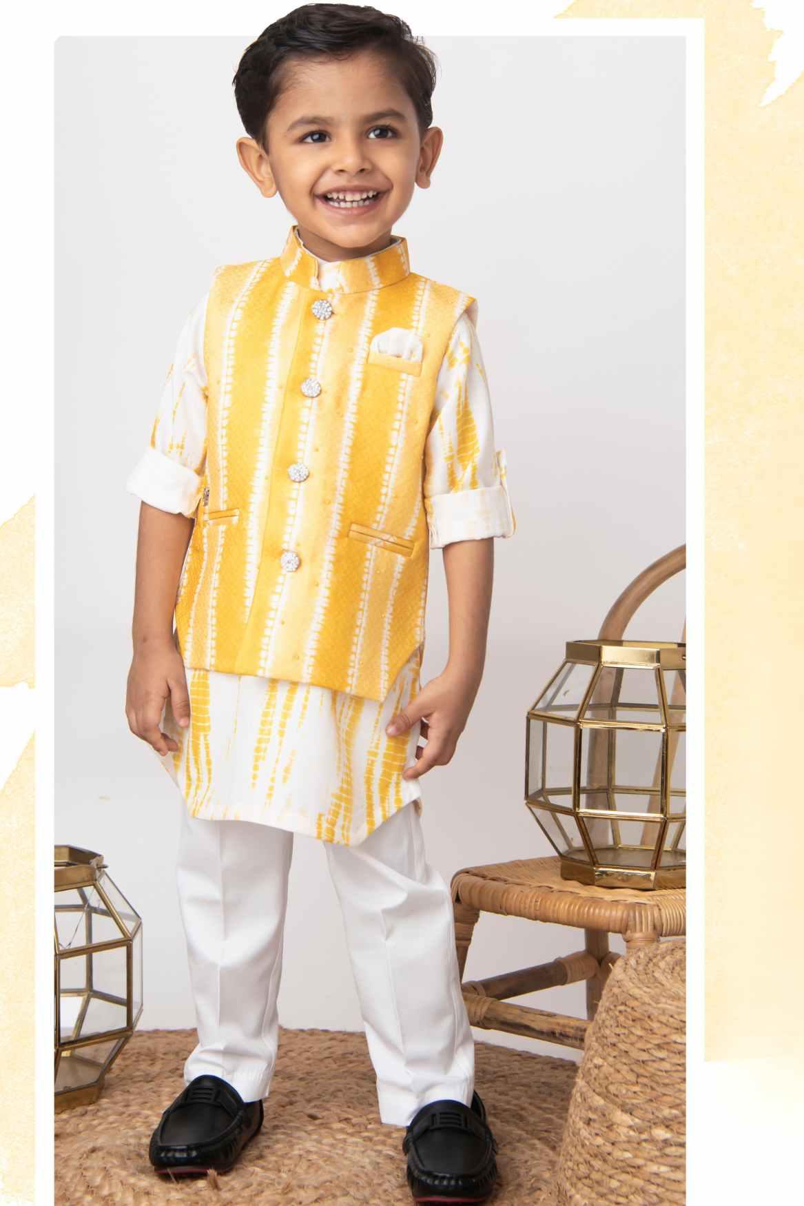 Little Collar's Yellow Tie And Dye Kurta Set With Bandi For Boys - Lagorii Kids