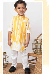 Little Collar's Yellow Tie And Dye Kurta Set With Bandi For Boys - Lagorii Kids