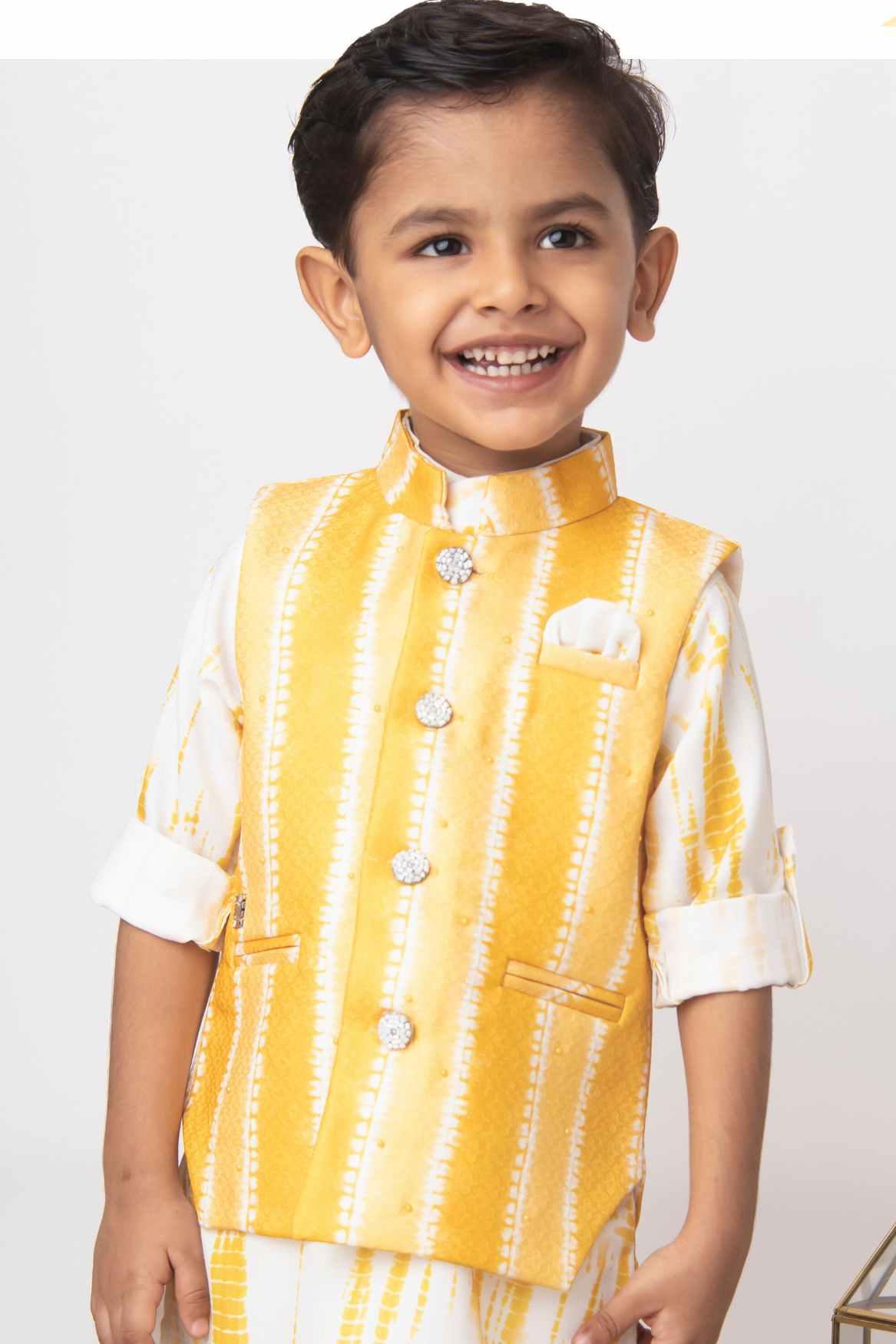 Little Collar's Yellow Tie And Dye Kurta Set With Bandi For Boys - Lagorii Kids