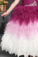 Magenta Princess Net Party Gown With Flower Embellishment For Girls - Lagorii Kids