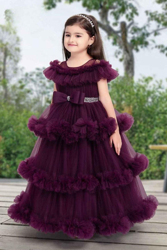 Magenta Ruffled Net Party Gown With Bow Embellishment For Girls - Lagorii Kids