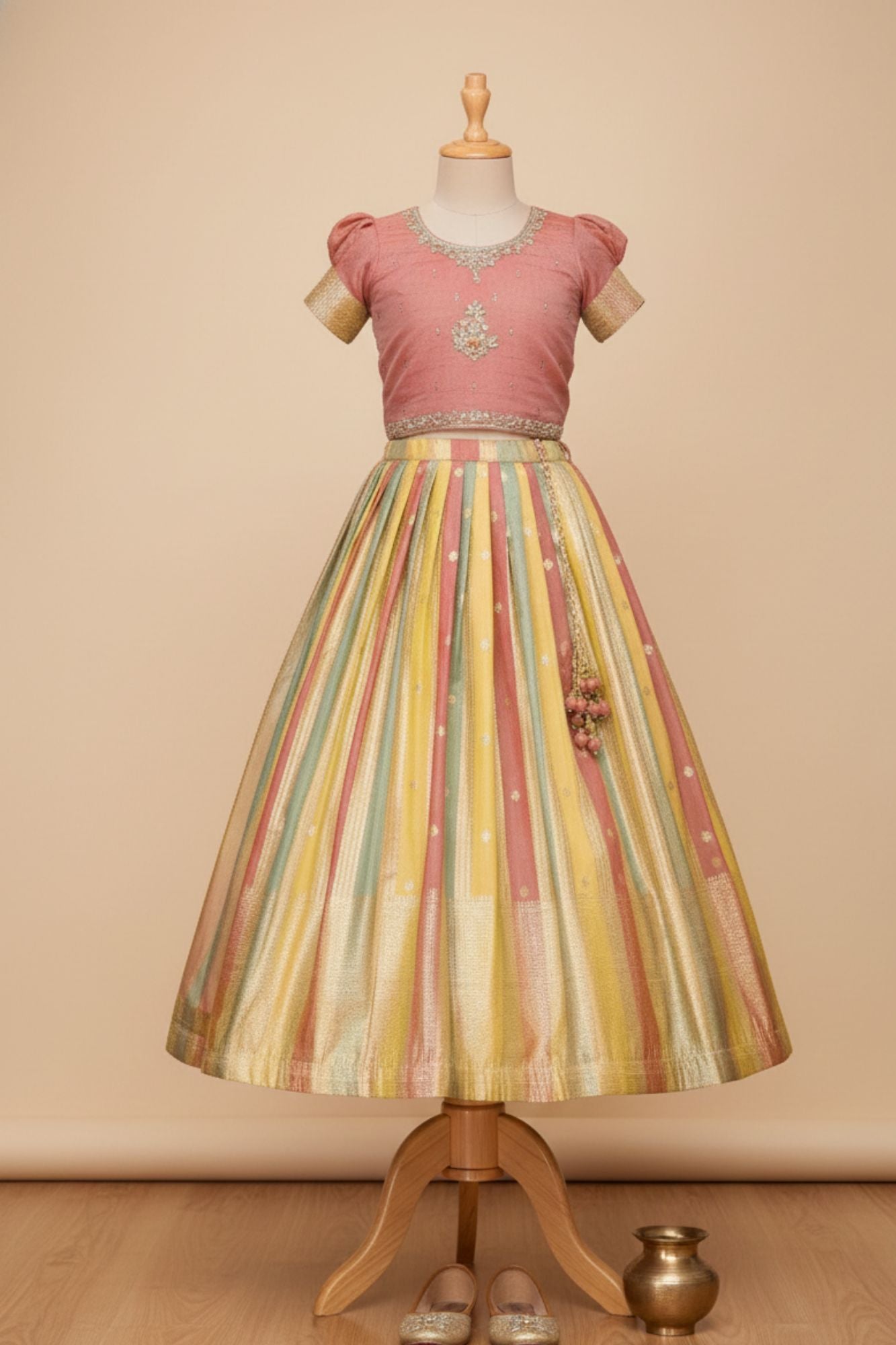 Multicolor Silk Embroidered Pattu Pavadai with Puff Sleeves For Girls