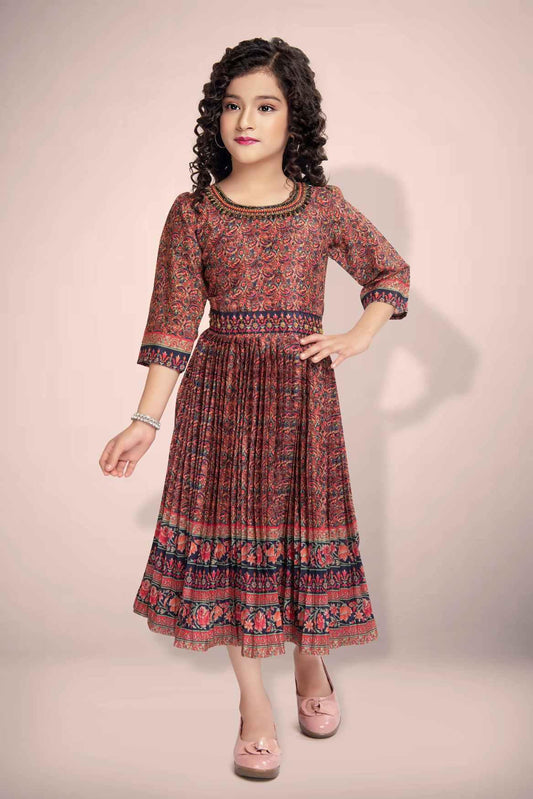 Maroon Ajrakh Printed Ethnic Frock With Round Neckline For Girls - Lagorii Kids