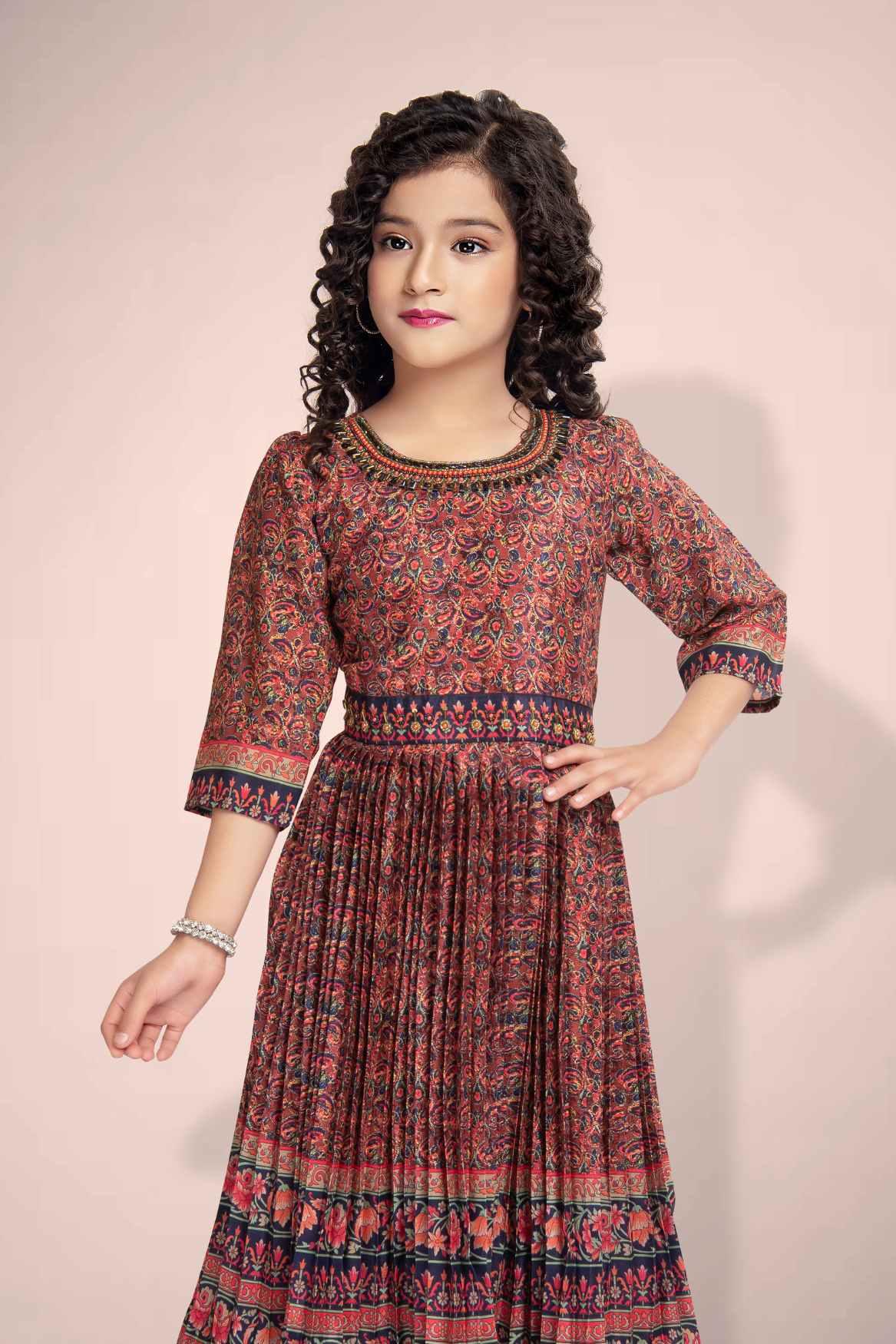 Maroon Ajrakh Printed Ethnic Frock With Round Neckline For Girls - Lagorii Kids