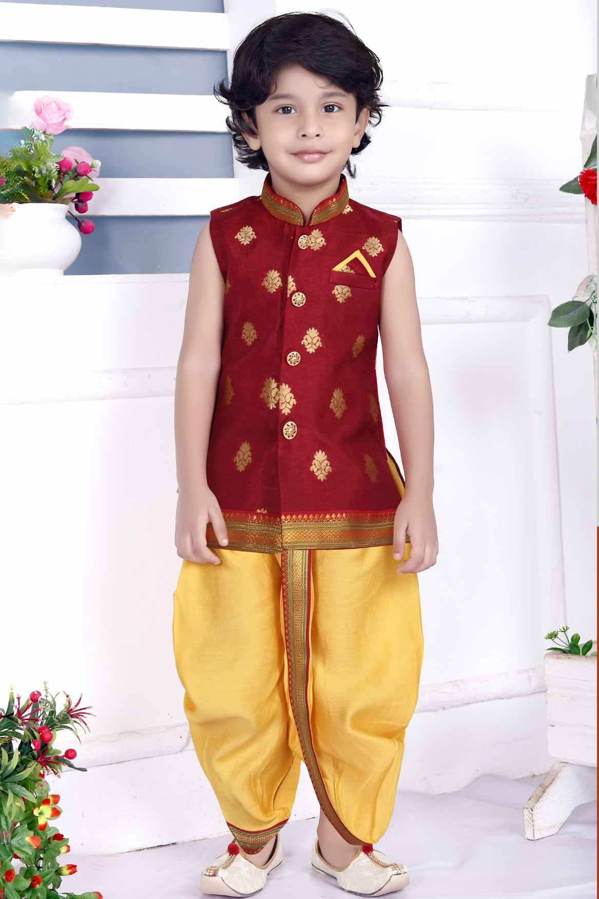 Maroon Dhoti Kurta Set With Gold Foil Print For Boys - Lagorii Kids