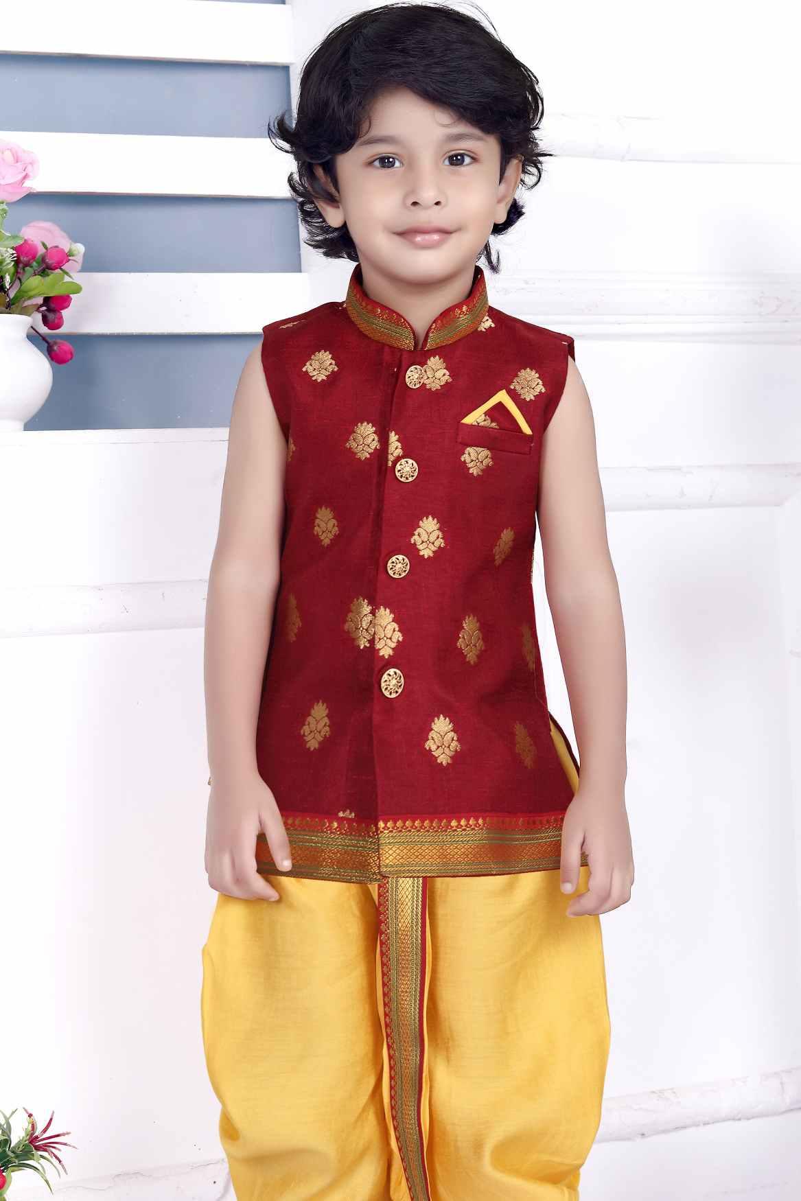 Maroon Dhoti Kurta Set With Gold Foil Print For Boys - Lagorii Kids