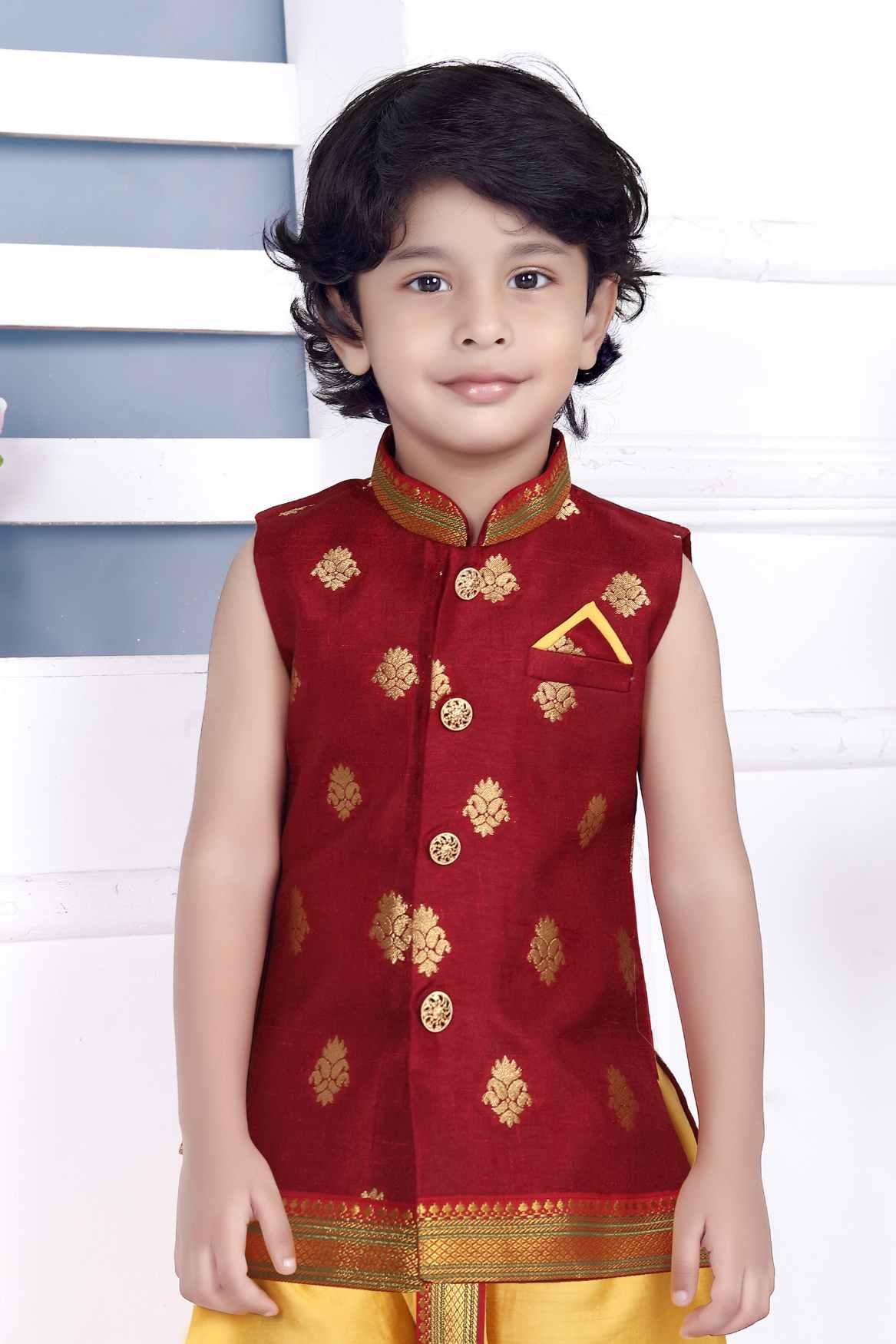 Maroon Dhoti Kurta Set With Gold Foil Print For Boys - Lagorii Kids