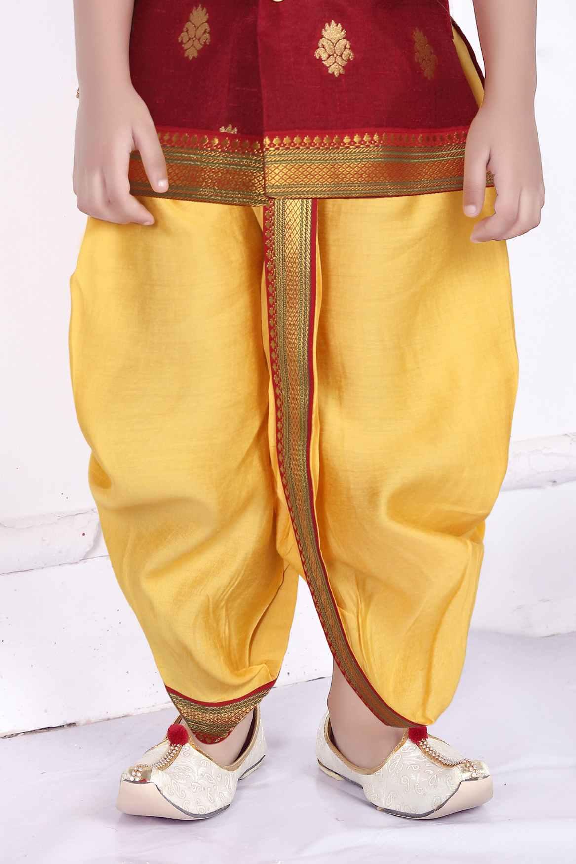 Maroon Dhoti Kurta Set With Gold Foil Print For Boys - Lagorii Kids