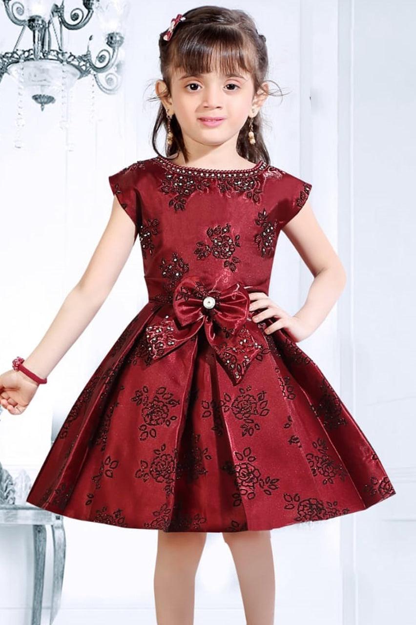 Maroon Embellished Satin Frock For Girls - Lagorii Kids