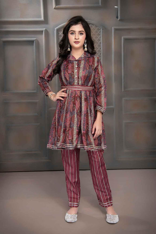 Maroon Ethnic Co-ord Printed With Gold Foil Set For Girls - Lagorii Kids