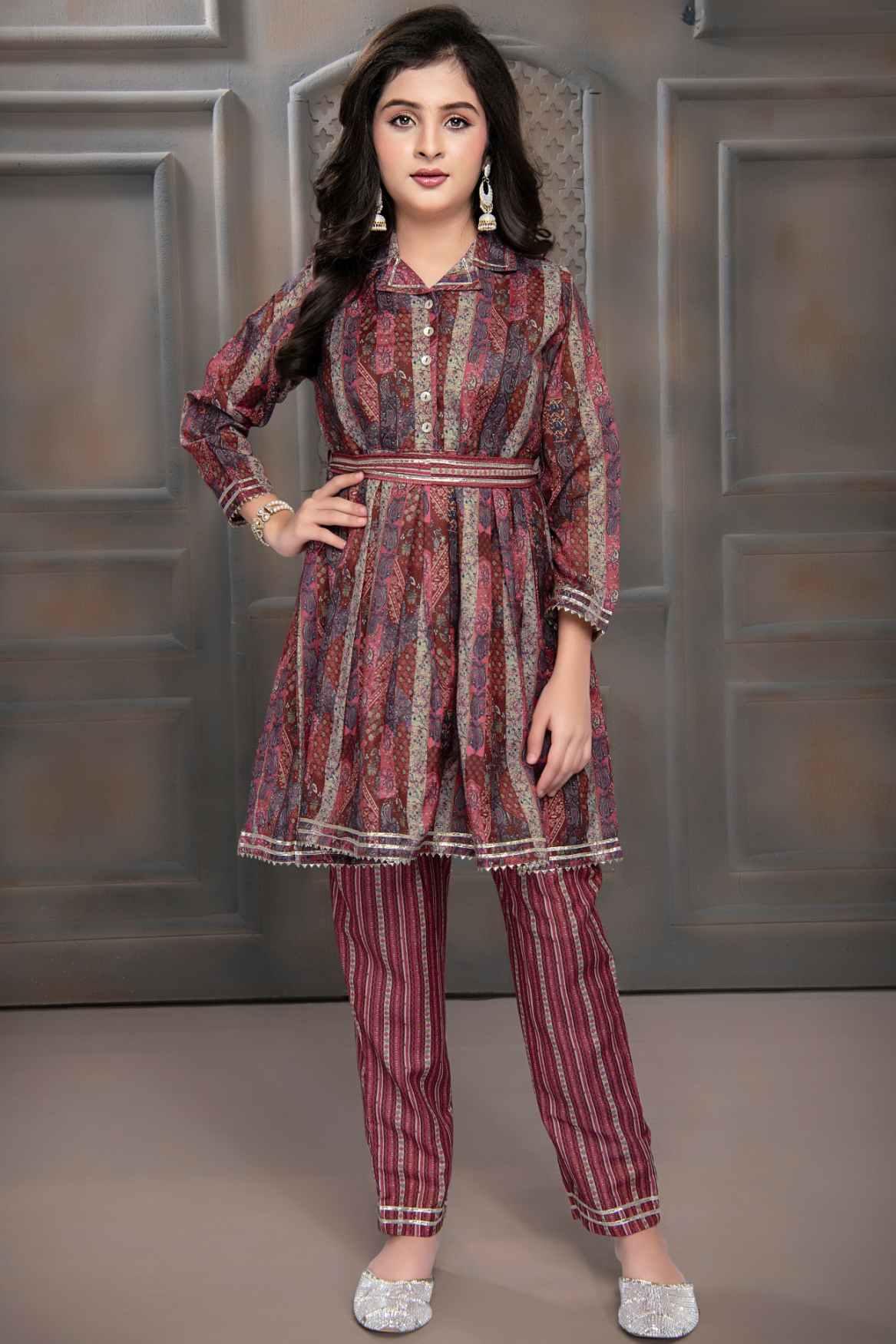 Maroon Ethnic Co-ord Printed With Gold Foil Set For Girls - Lagorii Kids