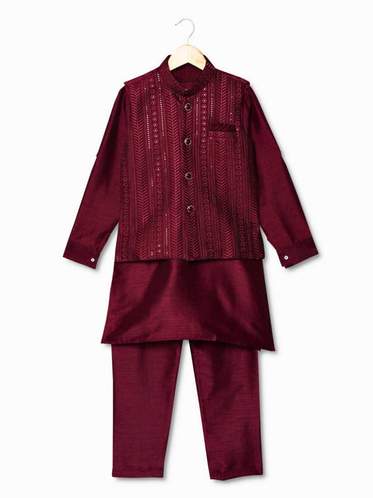 Maroon Kurta Set with Shimmer Maroon Waist Coat For Boys - Lagorii Kids