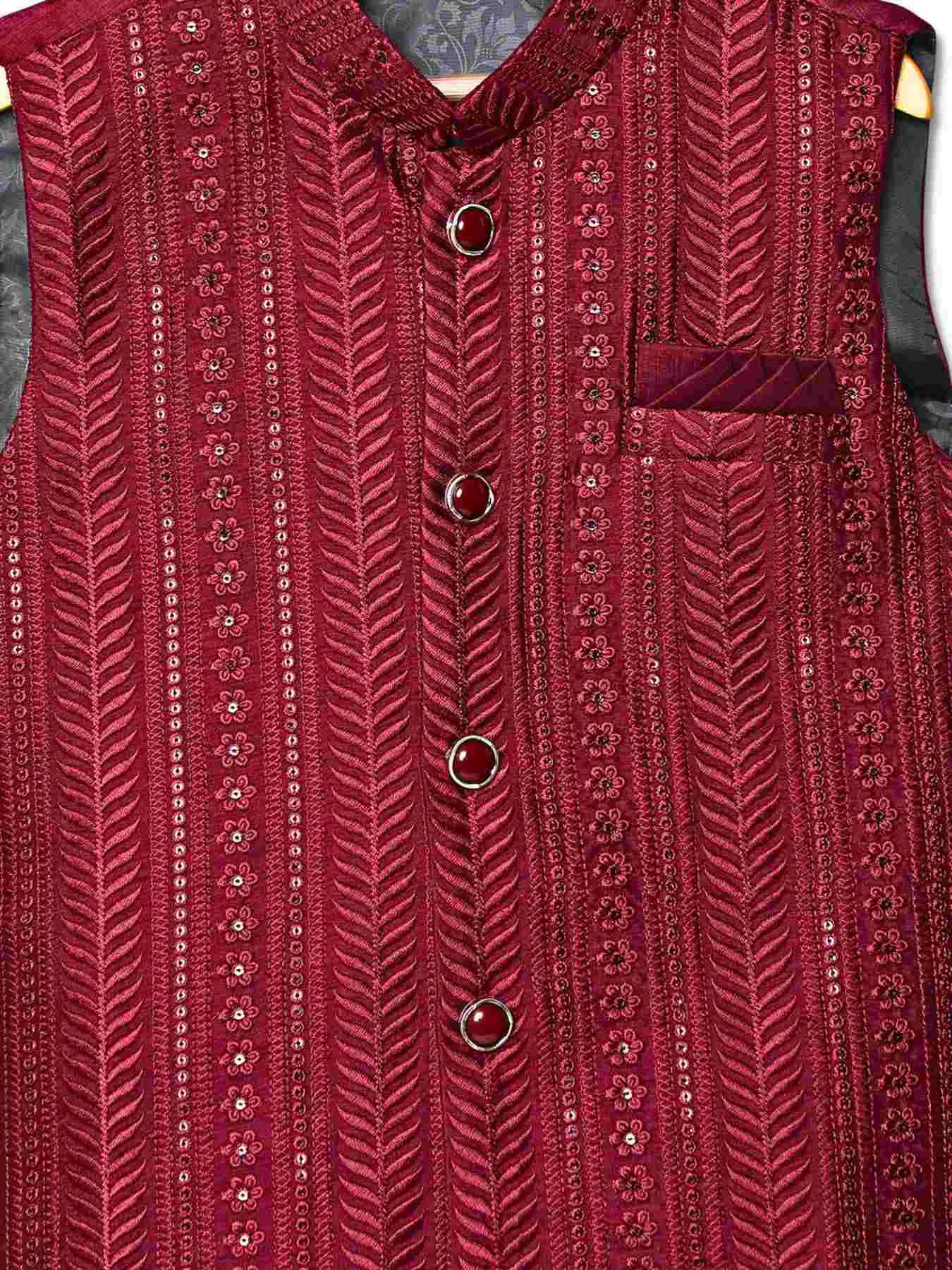 Maroon Kurta Set with Shimmer Maroon Waist Coat For Boys - Lagorii Kids