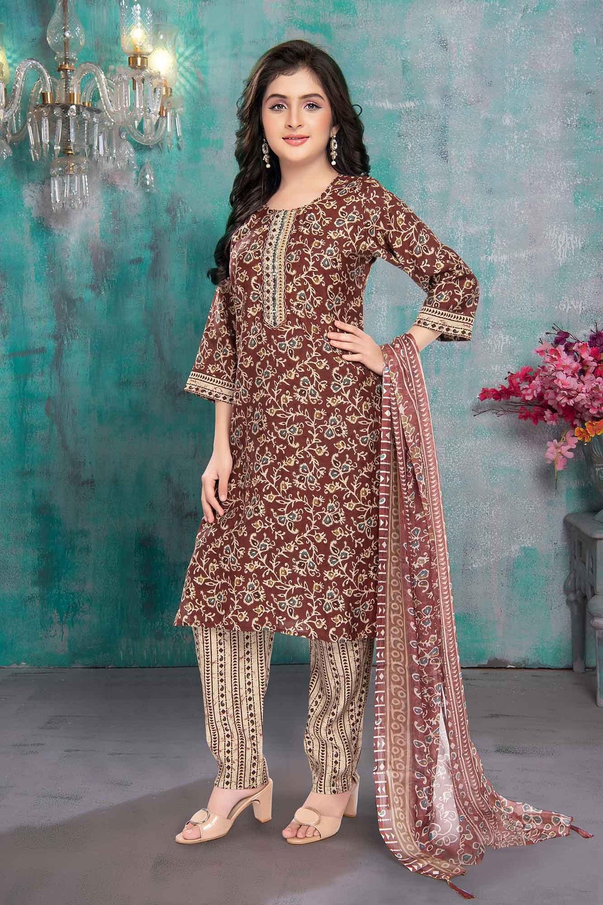 Maroon Kurti with Straight Pants and Dupatta - Lagorii Kids